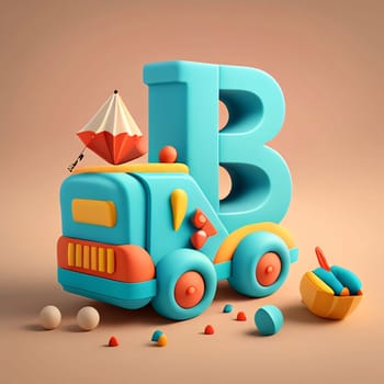 Graphic alphabet letters: 3d illustration of childrens toy train with the letter B.