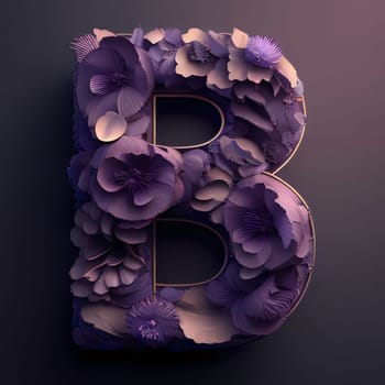 Graphic alphabet letters: Letter B made of flowers. 3D render. Floral font.