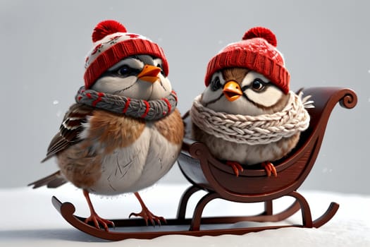 Birds in love in a hat and scarf in winter walk on the street .