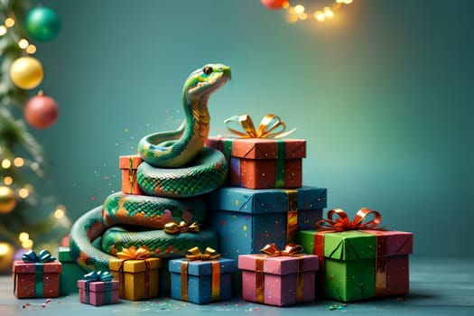 New Year snake with gifts , New Year card .