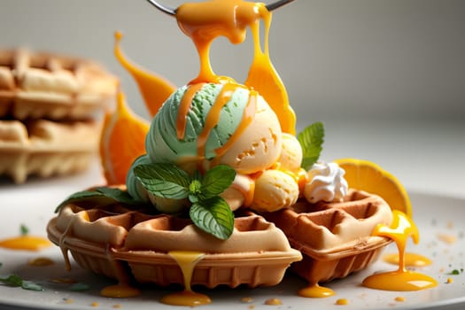 Viennese waffles and balls of juicy mint orange ice cream .
