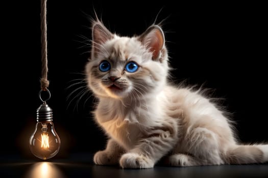 a frightened cat sits in complete darkness with one glowing light bulb .
