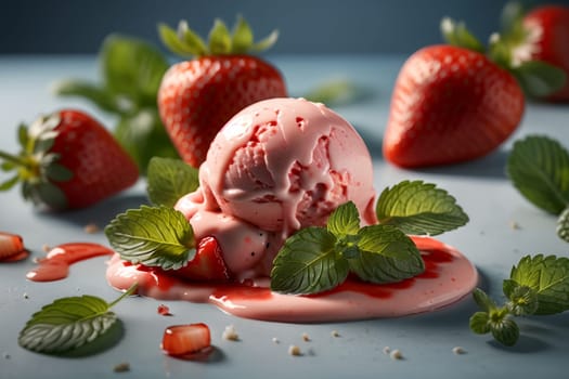 strawberry ice cream with strawberry syrup and mint .