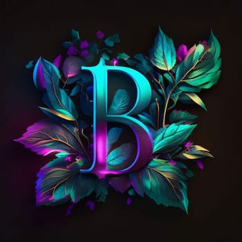 Graphic alphabet letters: Neon letter B with leaves and flowers. 3D illustration.