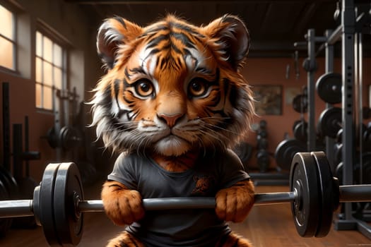 tiger goes in for sports in the gym, lifts a heavy barbell .