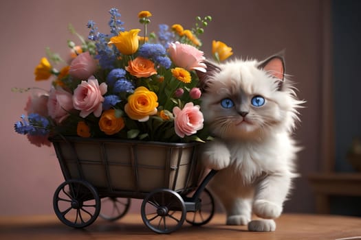 Cute kitten with a large bouquet of flowers in a cart .