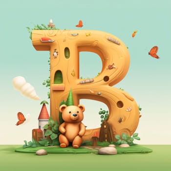 Graphic alphabet letters: Alphabet letter B with a cute bear in the garden, vector illustration