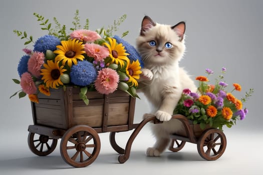 Cute kitten with a large bouquet of flowers in a cart .