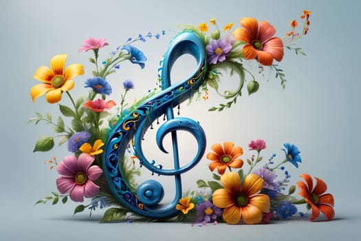 musical treble clef with flowers, postcard .