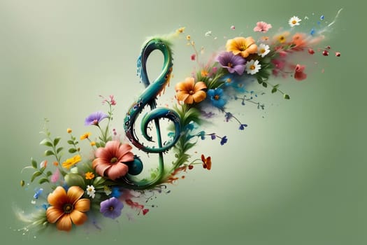 musical treble clef with flowers, postcard .