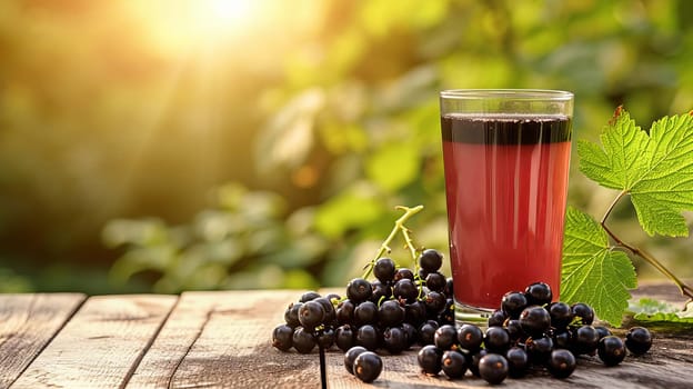 Blackcurrant juice in the garden. Selective focus. Drink.