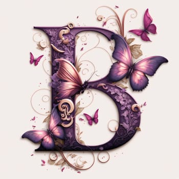 Graphic alphabet letters: Beautiful letter B with butterflies and floral elements. Vector illustration.