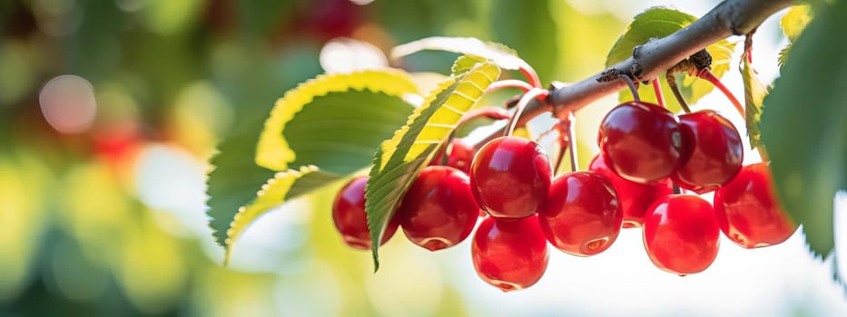 Branch of ripe cherries on a tree in a garden. Food selective focus. Generative AI,