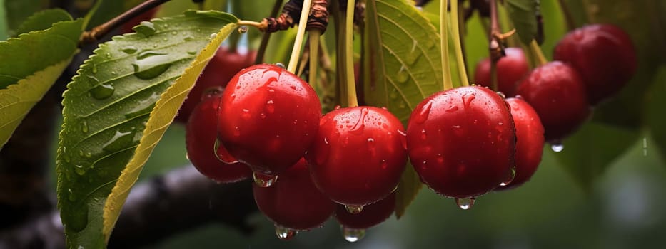 Branch of ripe cherries on a tree in a garden. Food selective focus. Generative AI,