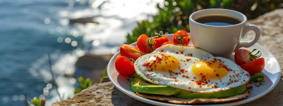 Breakfast avocado eggs and coffee by the sea. Selective focus. Food Generative AI,