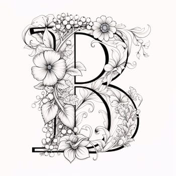 Graphic alphabet letters: Floral letter B with flowers and leaves. Hand drawn vector illustration.