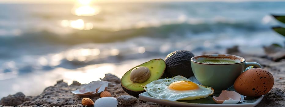 Breakfast avocado eggs and coffee by the sea. Selective focus. Food Generative AI,