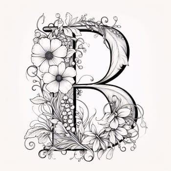 Graphic alphabet letters: Floral capital letter B with flowers and leaves in black and white