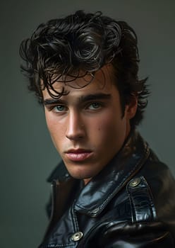 A jawline sharp enough to cut through the darkness, the young man with curly hair strikes a pose in his black leather jacket, a portrait of art and fashion design