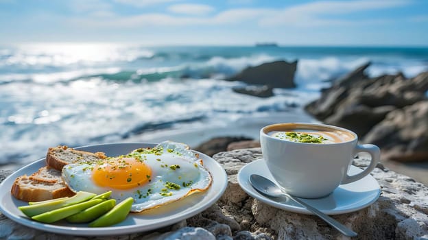 Breakfast avocado eggs and coffee by the sea. Selective focus. Food Generative AI,