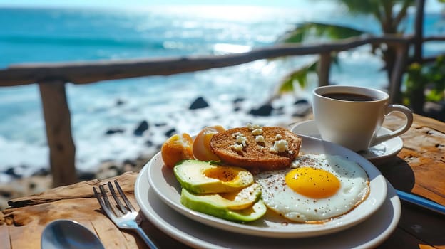 Breakfast avocado eggs and coffee by the sea. Selective focus. Food Generative AI,