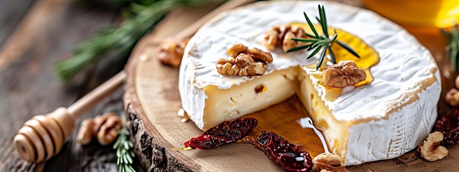 Camembert with honey and nuts. Selective focus. Food.