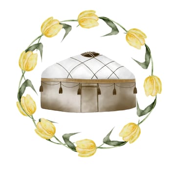 Nauryz watercolor. Composition of a round frame of yellow tulips and a yurt in the center. Hand drawn festive elements of the Kazakh holiday Navruz. Ideal for cards and banners for March 22. High quality illustration