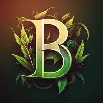 Graphic alphabet letters: Letter B with leaves and floral elements on dark background. Vector illustration.