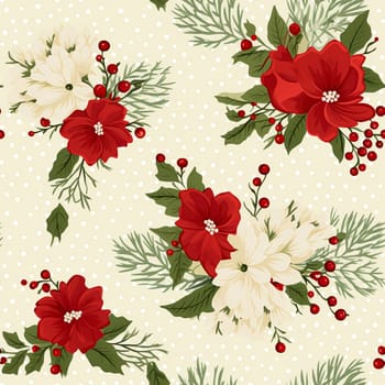 Seamless pattern, tileable Christmas holiday floral country dots print, English countryside flowers for wallpaper, wrapping paper, scrapbook, fabric and product design motif