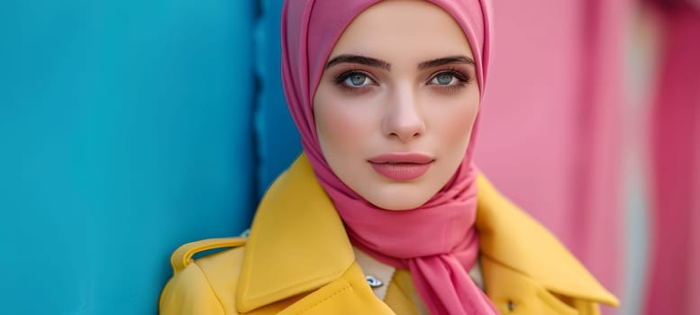 A happy woman in a magenta hijab and yellow coat stands in front of an electric blue wall, showcasing her stylish outerwear and bright colors