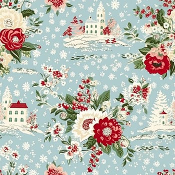 Seamless pattern, tileable Christmas holiday country house, floral dots print, English countryside for wallpaper, wrapping paper, scrapbook, fabric and product design motif