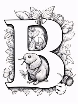 Graphic alphabet letters: Alphabet letter B with cute animals and flowers. Vector illustration.