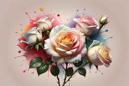 bouquet of bright multi-colored roses on a light background .