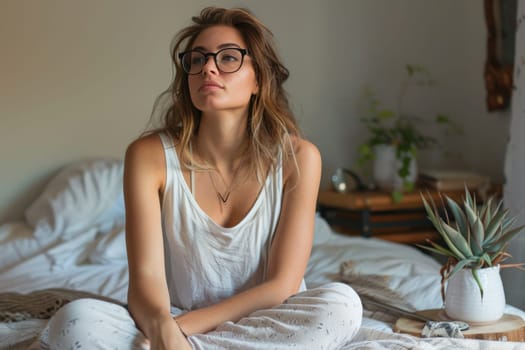 Unhappy woman thinking about problems, sitting in the bed alone looking away. ai generated