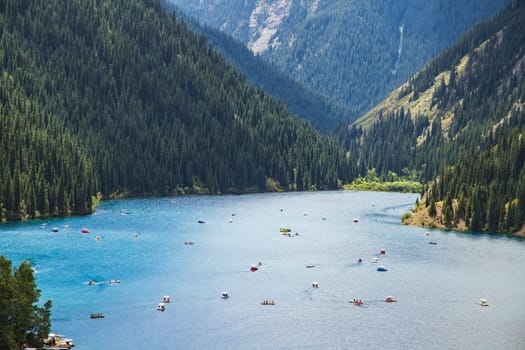 Famous scenic natural tourist spot - Kolsay mountain lake in Kolsai Koldery gorge, nature of Kazakhstan National Park, Tian Shan.