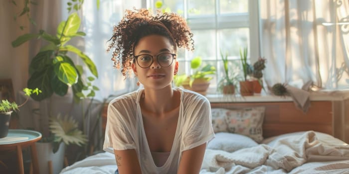 Unhappy woman thinking about problems, sitting in the bed alone looking away. ai generated