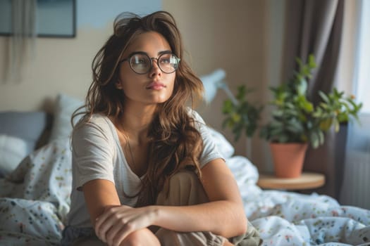 Unhappy woman thinking about problems, sitting in the bed alone looking away. ai generated