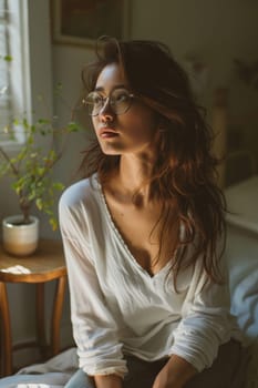 Unhappy woman thinking about problems, sitting in the bed alone looking away. ai generated