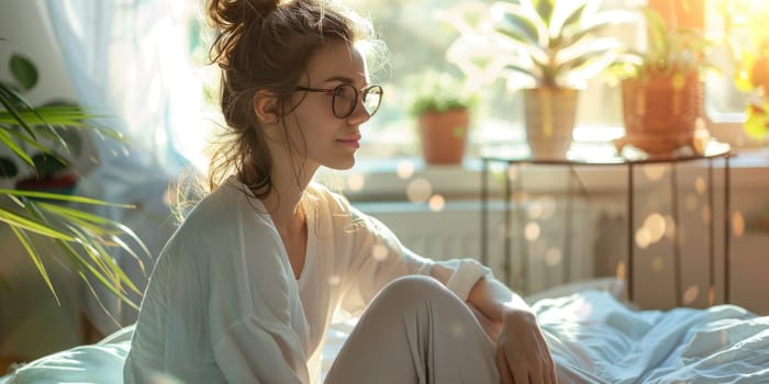 Unhappy woman thinking about problems, sitting in the bed alone looking away. ai generated