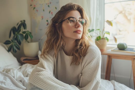 Unhappy woman thinking about problems, sitting in the bed alone looking away. ai generated