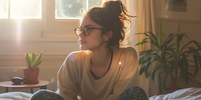 Unhappy woman thinking about problems, sitting in the bed alone looking away. ai generated