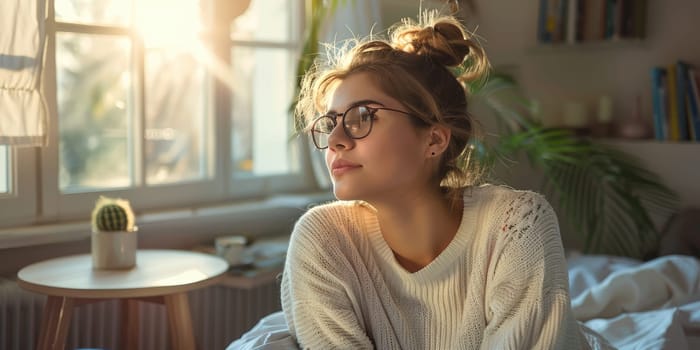 Unhappy woman thinking about problems, sitting in the bed alone looking away. ai generated