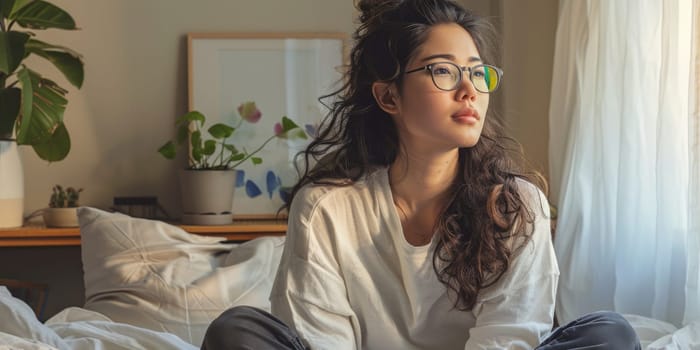 Unhappy woman thinking about problems, sitting in the bed alone looking away. ai generated