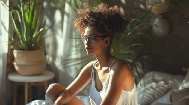 Unhappy woman thinking about problems, sitting in the bed alone looking away. ai generated