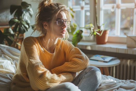 Unhappy woman thinking about problems, sitting in the bed alone looking away. ai generated