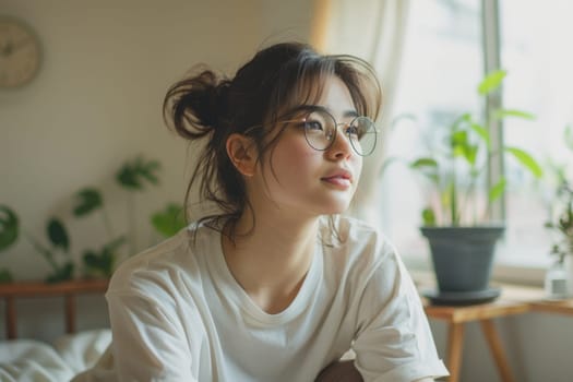 Unhappy woman thinking about problems, sitting in the bed alone looking away. ai generated