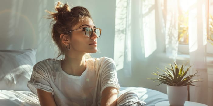 Unhappy woman thinking about problems, sitting in the bed alone looking away. ai generated