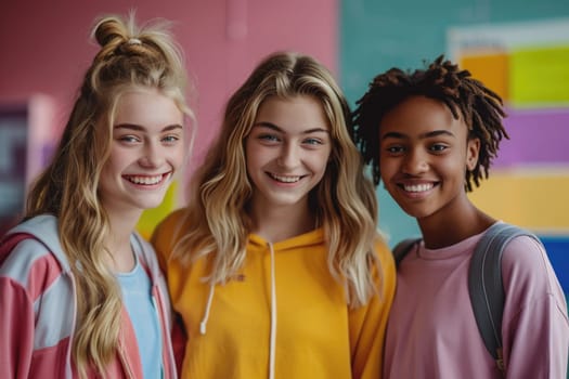 group of three happy teenage students in bright clothes. ai generated