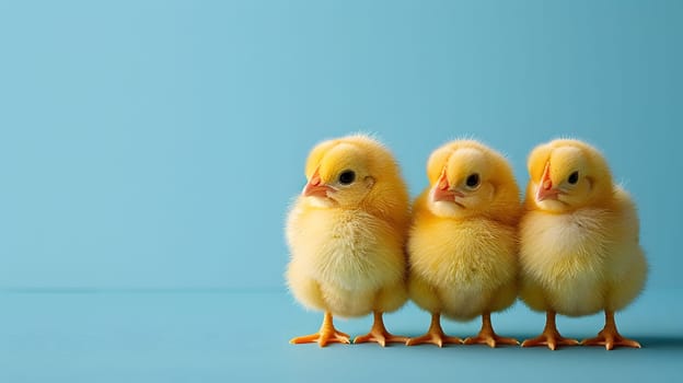 Three small yellow chickens with fluffy feathers and tiny beaks are perching next to each other on an electric blue background, under a clear sky