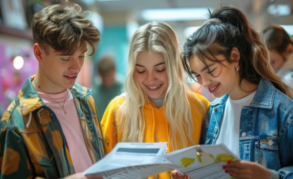 group of 3 smiling teenage students wearing bright clothes looking at the documents standing in classroom. ai generated